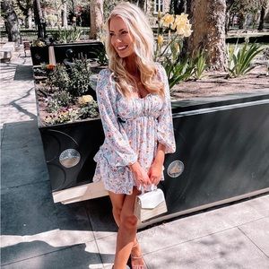 Floral side cutout mini dress long sleeve